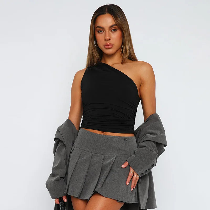 Top Une Épaule Dos Nu Femme – Couleur Bonbon Ajusté Sans Manches | Sexy Casual Été