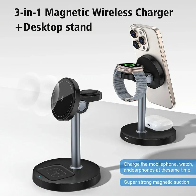 Chargeur 3-en-1 Magnétique Ajustable – iPhone 16-13 iWatch 10-8 AirPods Pro Charge Rapide