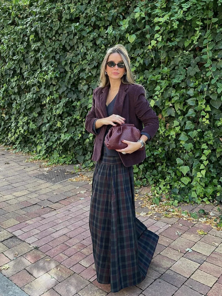 Ensemble 2 Pièces Femme Veste À Carreaux Manches Lanterne Lacets Plissée & Jupe Longue – Tenue Bureau Casual Chic Élégante | Mode