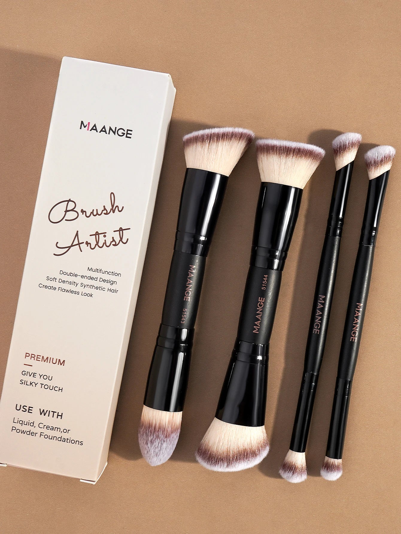 Set 4 Pinceaux Maquillage MAANGE Double Embout – Fond de Teint, Poudre & Fards | Boîte Voyage Débutante