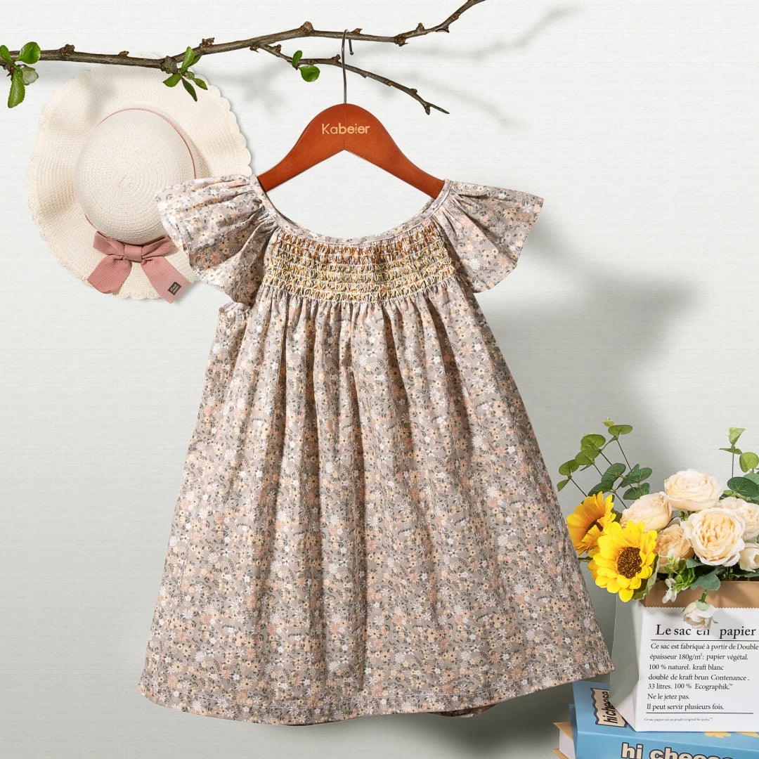 Robe Été Fille Fleurie Smockée Manches Volantes – Tenue Quotidienne Adorable 1-6 Ans