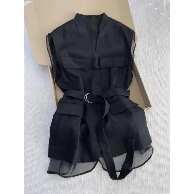 Top Gilet Femme Noir Sans Manches Col V Slim Mesh Patchwork Style Coréen – Chemise Élégante Bureau Casual Été | Mode