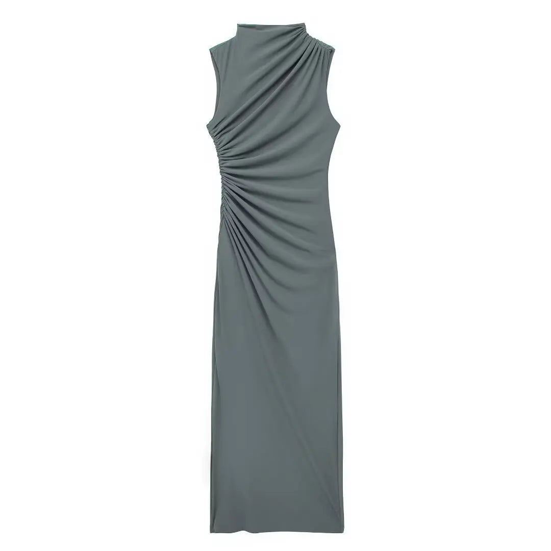 Robe Longue Femme Blanche Plissée Sans Manches Col Rond – Slim Gainante Élégante | Soirée Été