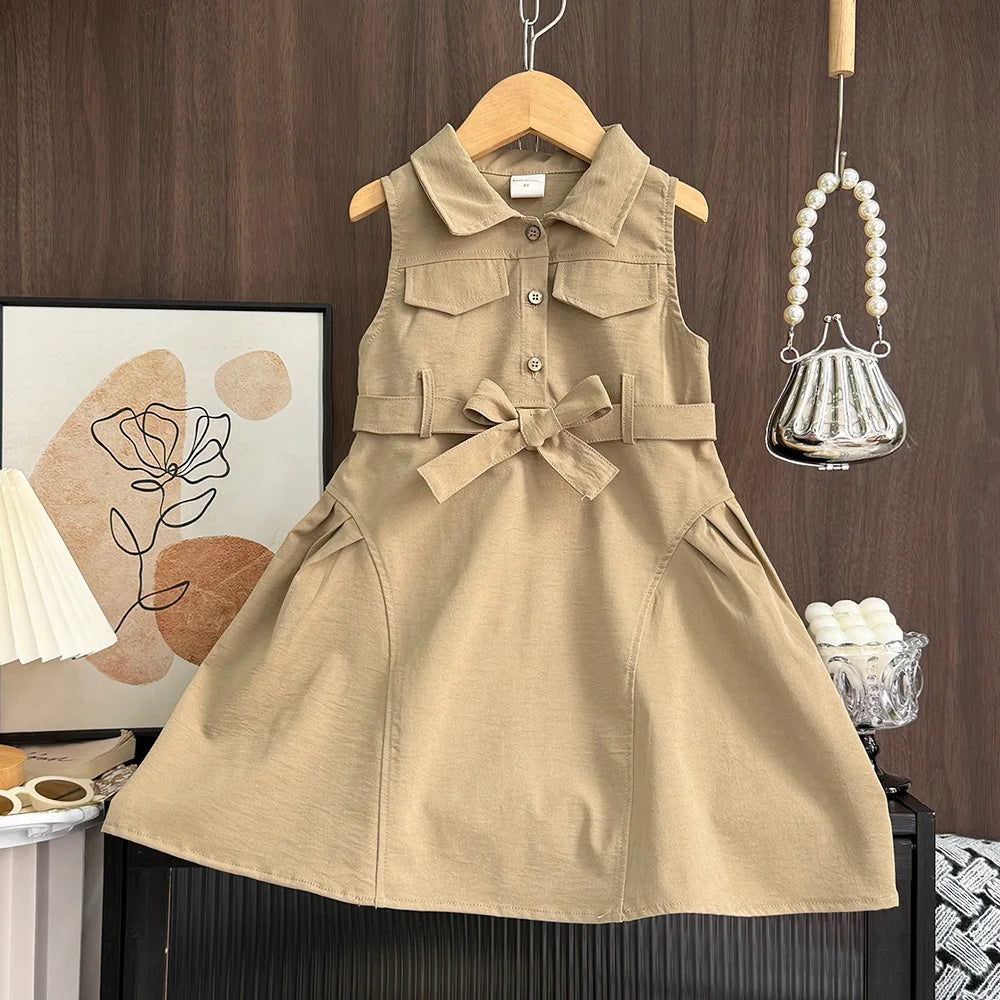 Robe Fille Été Sans Manches Couleur Unie – Tenue Casual Chic avec Ceinture Enfant