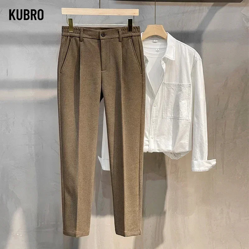 Pantalon Costume Homme Business Droit Laine Épaisse Ceinture Élastique Gris Marron Classique Korean Formal Automne Hiver – Pantalon de Costume Premium Toutes Tailles 28-38 | Mode Homme Business Premium