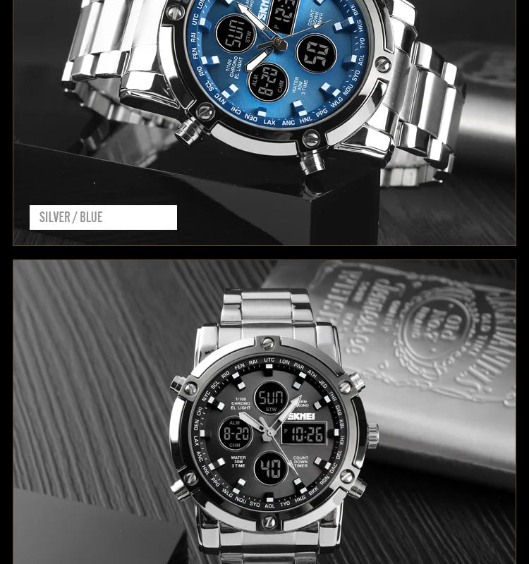 Montre Homme SKMEI Luxe Bracelet Acier 3 Fuseaux Horaires LED Sport Alarme Analogique Digitale Chronomètre | Montre SKMEI Multifonction Sport Luxe Premium