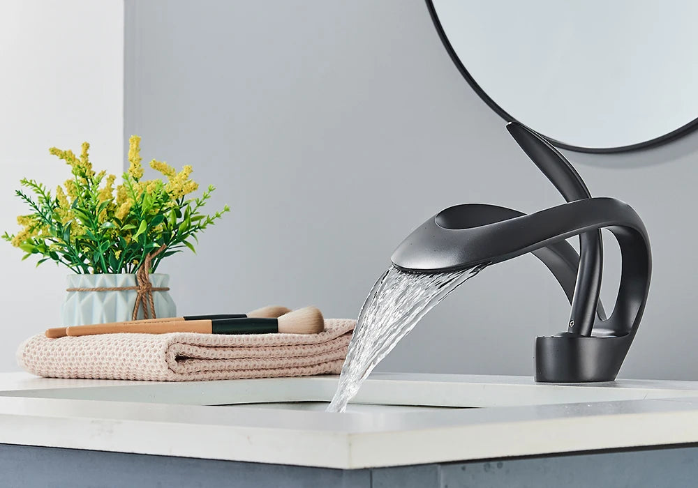Rozin Robinet Lavabo Luxe Noir & Gris – Effet Cascade, Laiton, Style Moderne | Mitigeur Eau Chaude & Froide Vasque