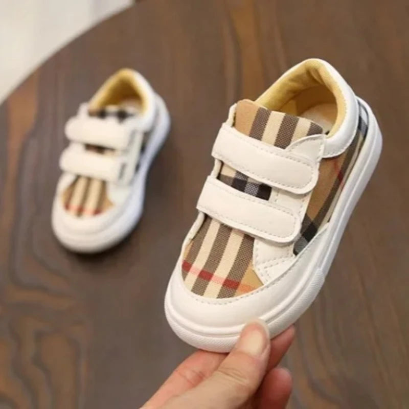 Baskets Enfant Style Coréen Carreaux Blanc – Sneakers Cuir PU Casual Unisexe 3-8 Ans