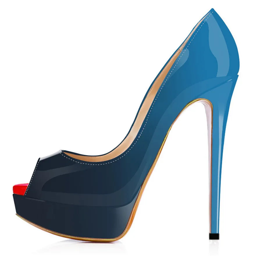 LOSLANDIFEN Escarpins 14CM Plateforme Peep Toe Gradient – Cuir Verni Rouge Mariage Fête