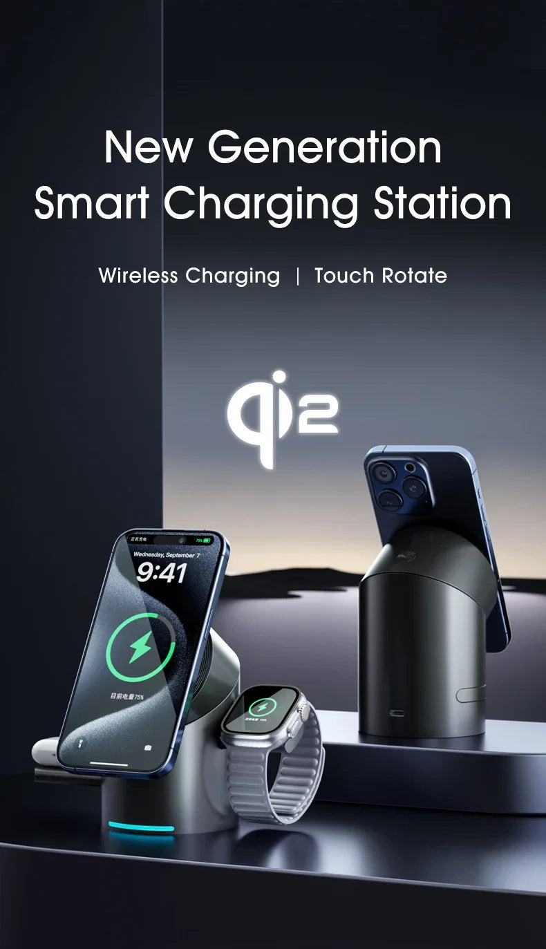 Chargeur Qi2 3-en-1 Multifonction Tactile Rotatif – iPhone 16 15 14 Pro Max iWatch Écouteurs