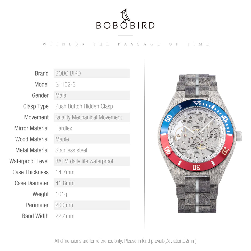 Montre Homme BOBO BIRD Bois Mécanique Luxe – Grand Cadran Top Brand Naturel Unique