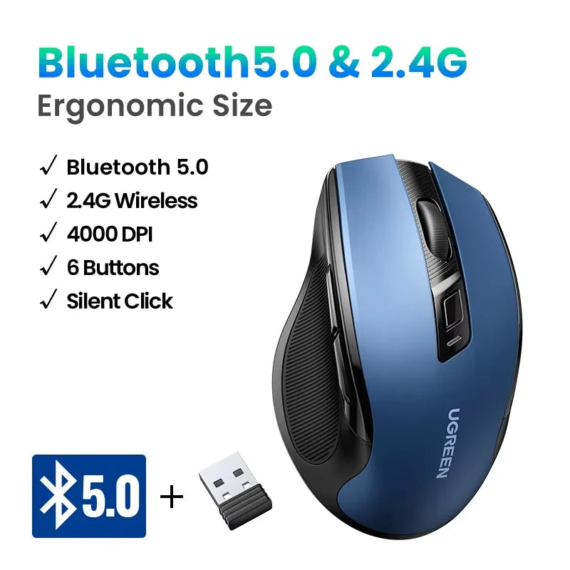 UGREEN Souris Sans Fil Ergonomique – Bluetooth 5.0 & 2.4G, 4000 DPI, 6 Boutons Silencieux | MacBook, PC & Tablette