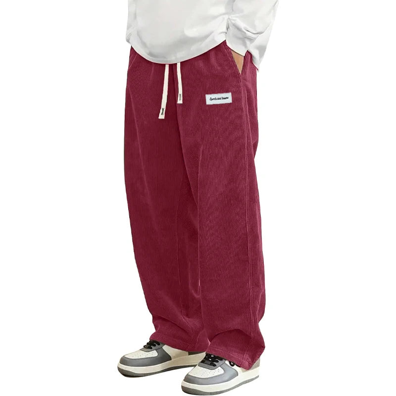Pantalon Velours Côtelé Homme Loose Fit Coupe Droite Automne – Taille Élastique Cordon Outdoor Streetwear | Mode Homme