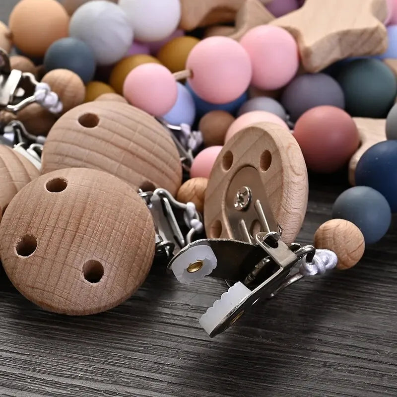 Attache-Tétine Bébé Perles Silicone & Bois Étoile – Chaîne Anneau Dentition Jouet À Mâcher Cadeau Naissance