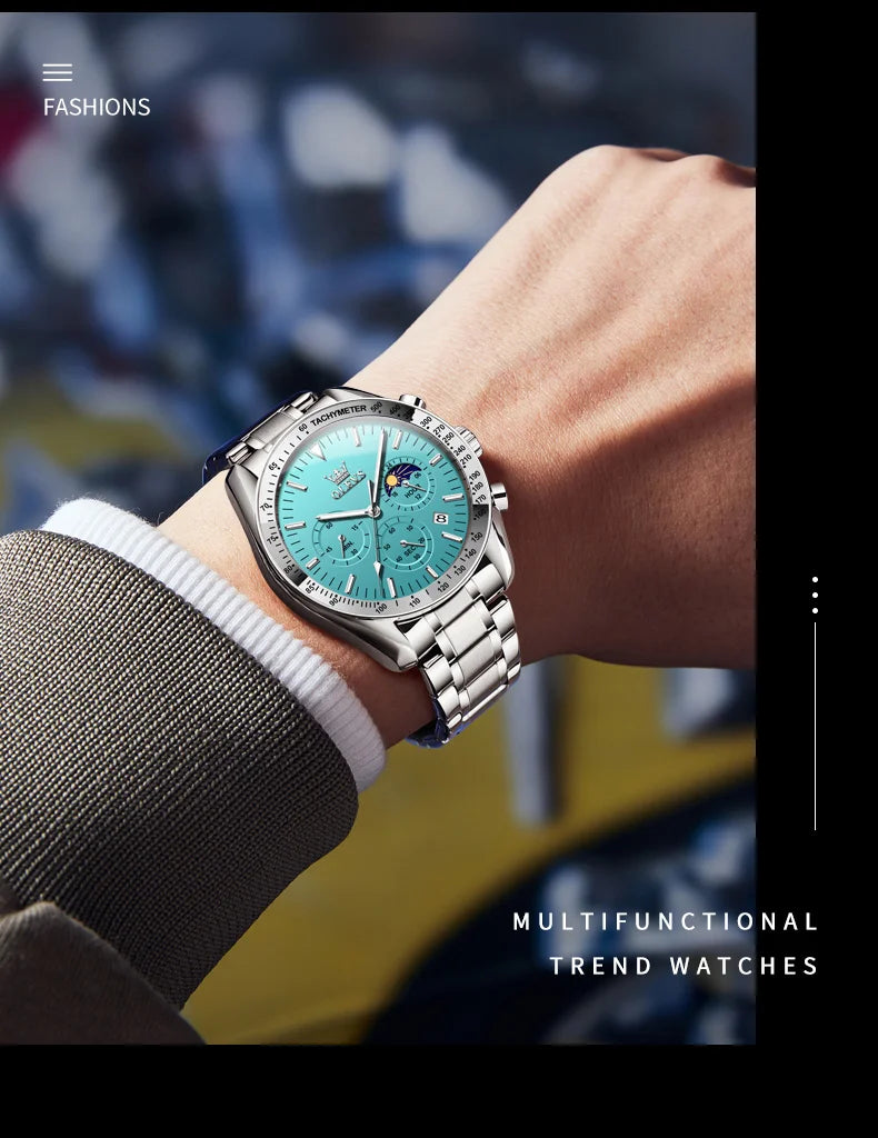Montre Homme OLEVS Chronographe Phase de Lune Quartz Bleu Acier – Étanche Lumineux Date Fashion