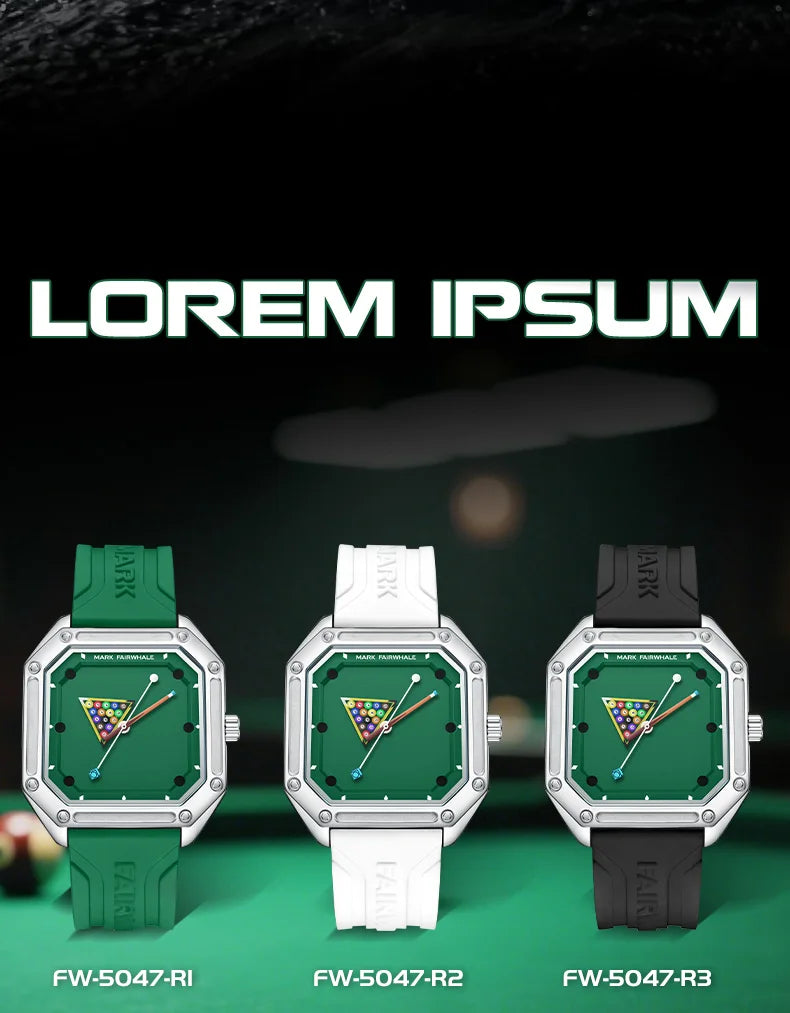 Herrenuhr Mark Fairwhale 5047 Quarz Quadratisch – Leuchtendes Billardzifferblatt Kautschuk Fashion