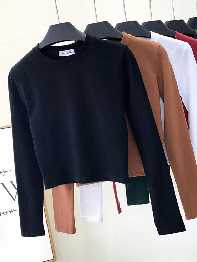 Top Femme Sexy Col Rond Manches Longues Découpe Nombril Basique – Mode Casual & Tendance | Automne
