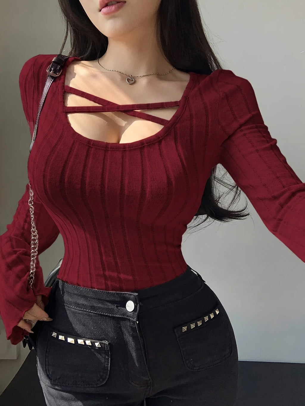 Damen Strick-Top Quadratischer Ausschnitt Langarm Überkreuzte Träger Gerippt Schmale Passform Casual – T-Shirt Streetwear Herbst Winter | Mode