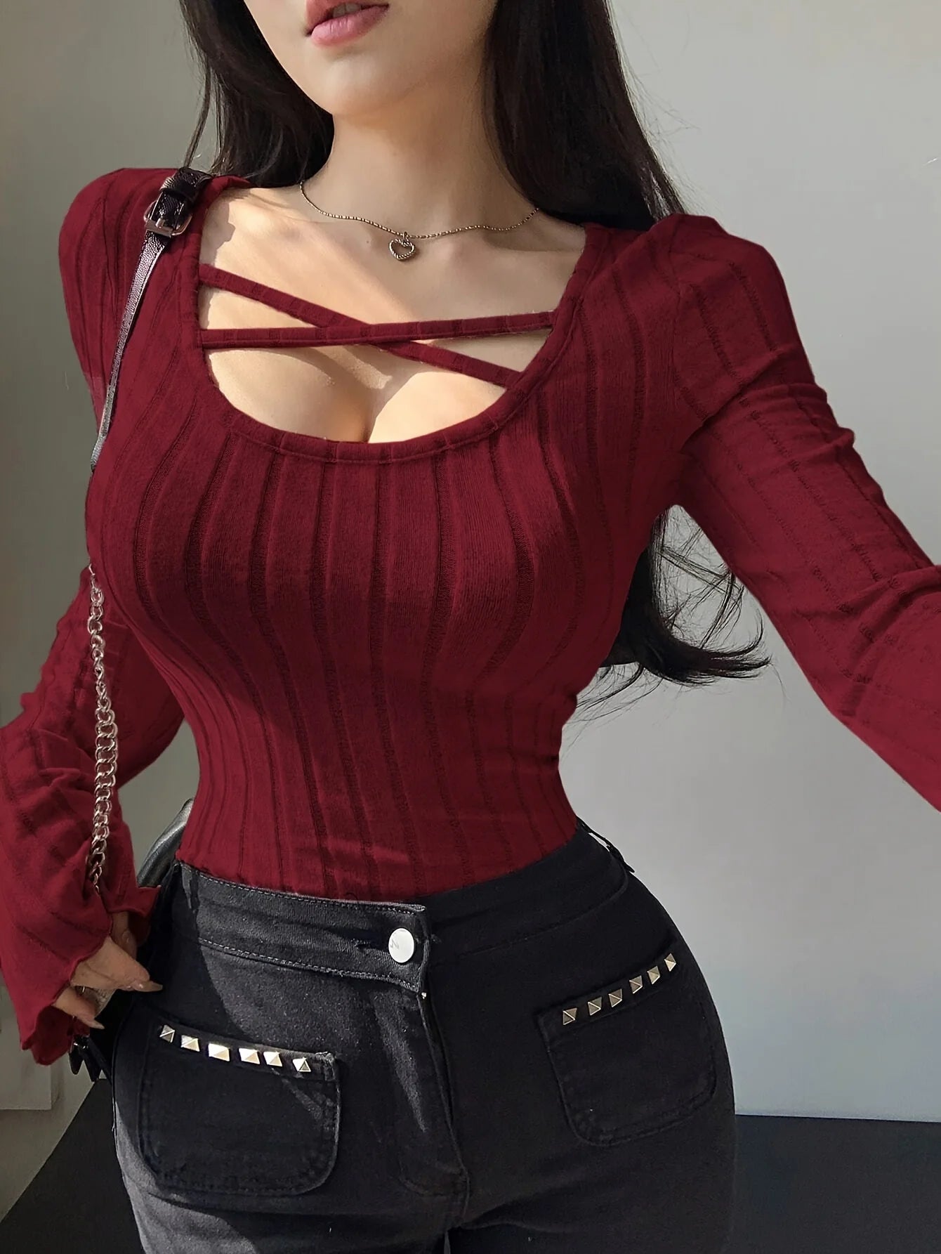 Damen Strick-Top Quadratischer Ausschnitt Langarm Überkreuzte Träger Gerippt Schmale Passform Casual – T-Shirt Streetwear Herbst Winter | Mode