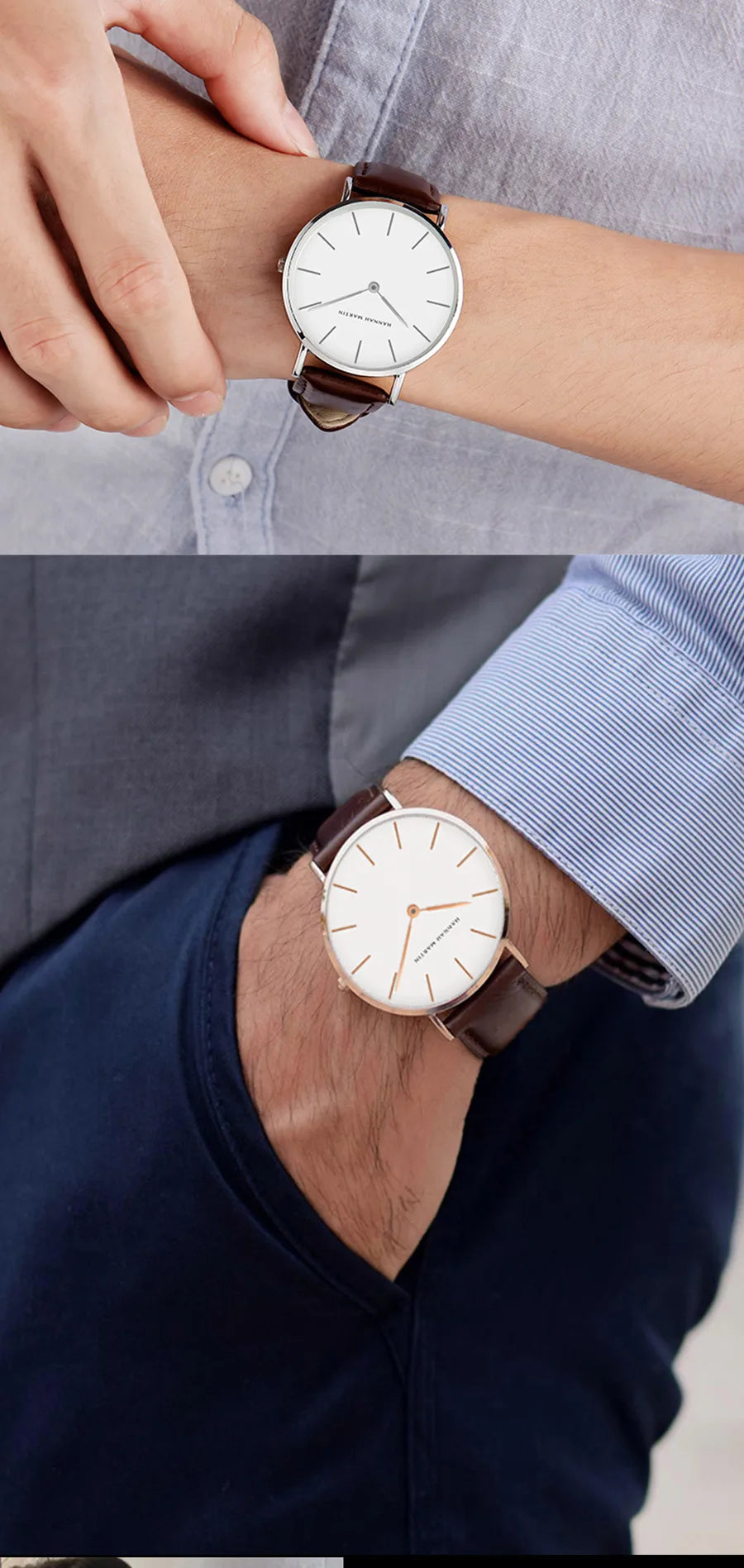 Montre Homme Hannah Martin Quartz Japonais – Bracelet Cuir Marron Argenté Étanche Fashion