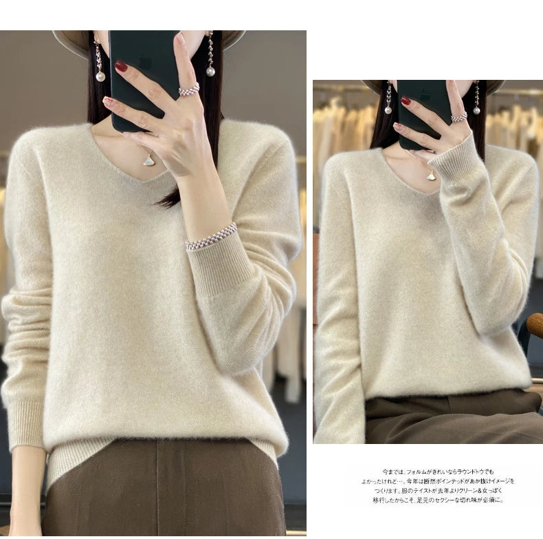 Kaschmirpullover 100% Wolle V-Ausschnitt Damen - Strick Casual Korean Fashion Herbst Winter