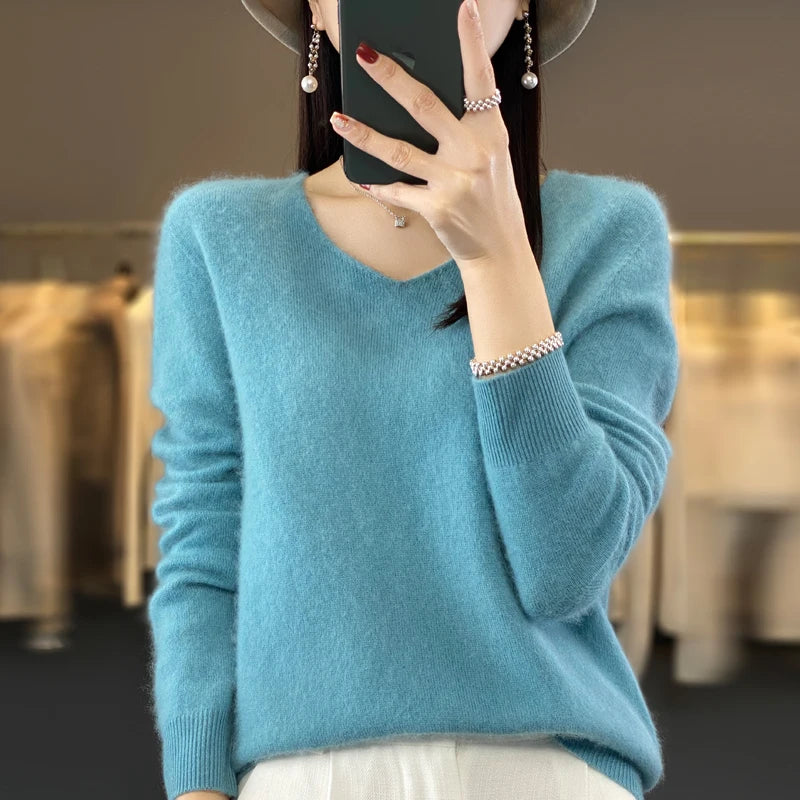 Pull Cachemire 100% Laine Col V Femme - Tricot Casual Korean Fashion Automne Hiver