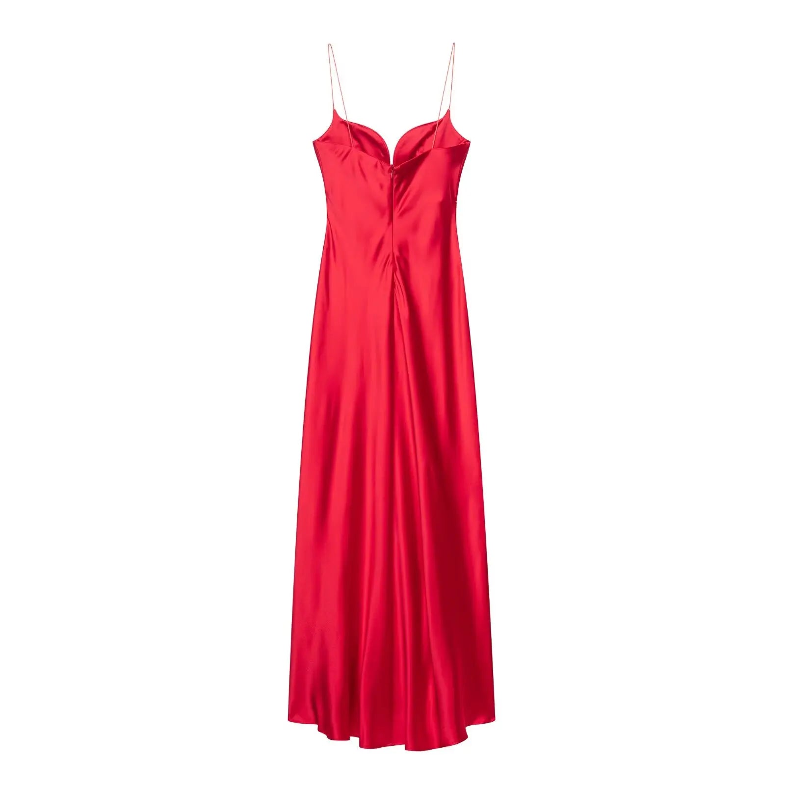 Robe Longue Femme Satin Rouge Col V Bretelles Sans Manches – Fermeture Dos Zip Élégante | HH Été 2025