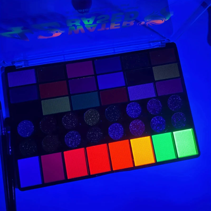 Kit Maquillage Artistique 42 Couleurs – Peinture Visage & Corps UV Néon Fluorescent | Festival Halloween Glitter