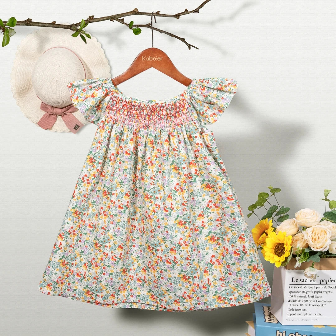 Robe Été Fille Fleurie Smockée Manches Volantes – Tenue Quotidienne Adorable 1-6 Ans