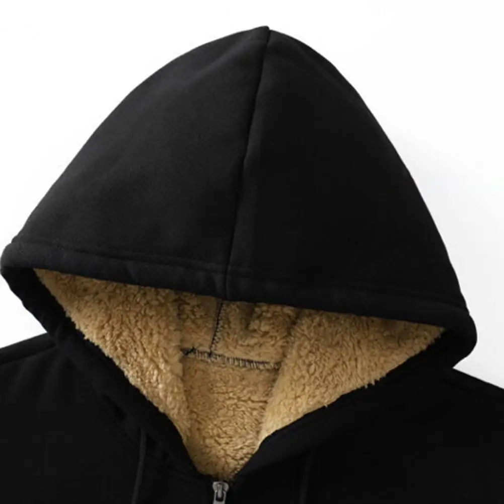 Unisex-Kapuzenstrickjacke aus Lammwolle, gefüttert mit Plüsch, Reißverschluss, Vordertaschen, warm für den Winter, einfarbig | Premium Hoodie aus Lammwolle