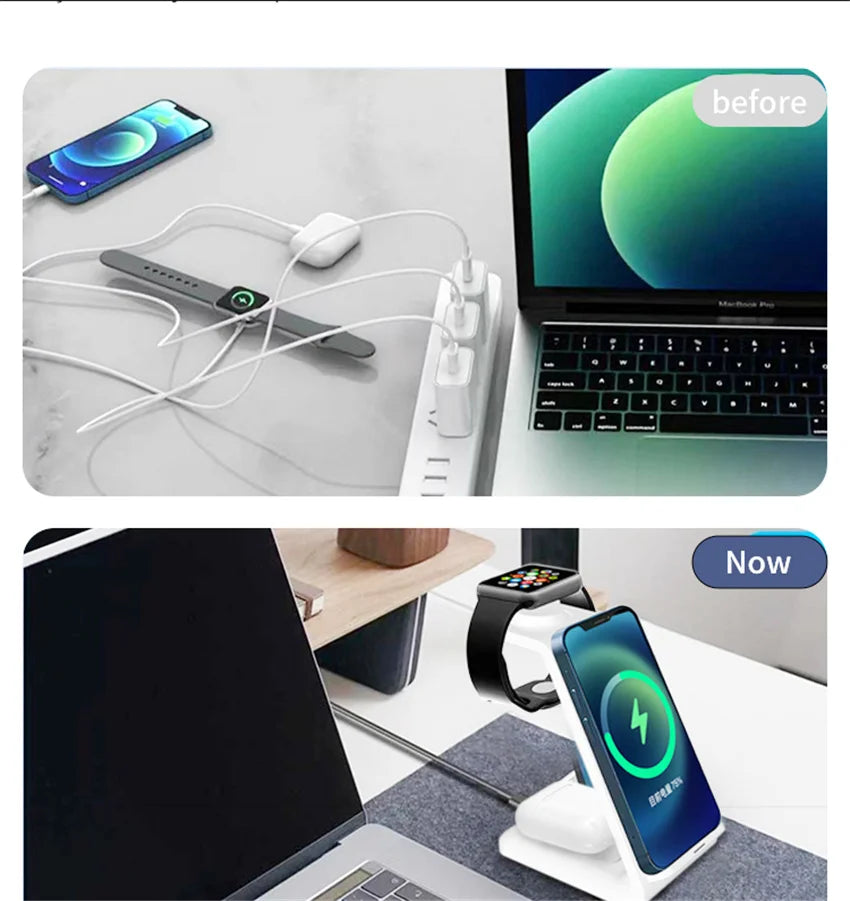 Chargeur 3-en-1 Stand Charge Rapide – iPhone 17-12 Apple Watch 6-8 iWatch AirPods Pro