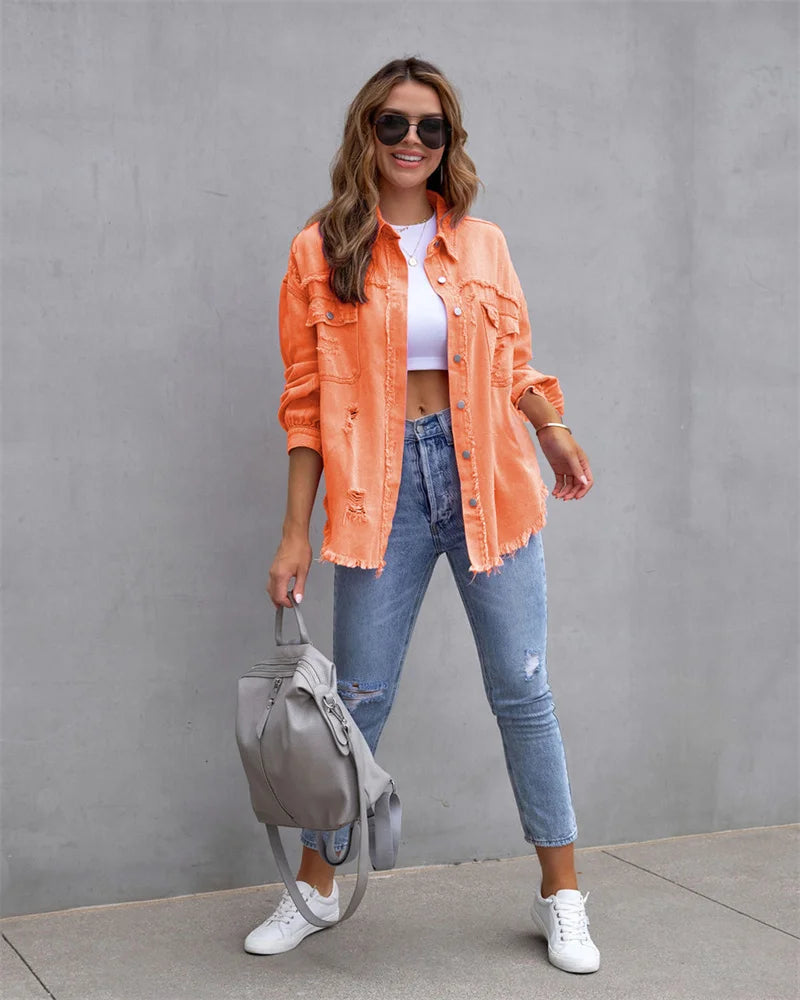 Veste en Jean Femme Bords Bruts Troués – Style Chemise Casual | Printemps Automne Tendance 2025