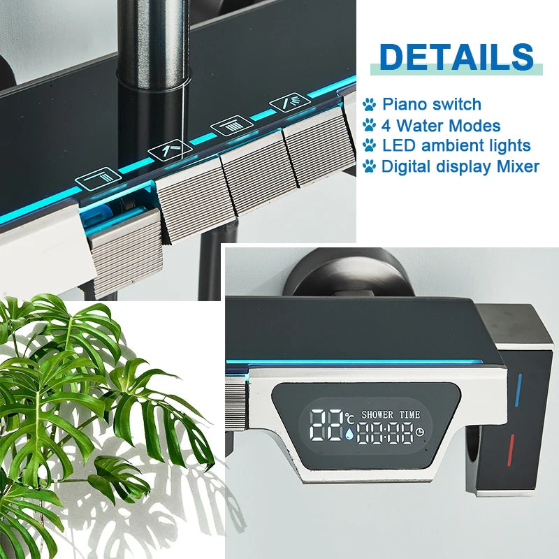 Rozin Ensemble Douche Pluie Gris – Affichage Digital, Style Piano, Mitigeur | Avec Bidet & Douchette