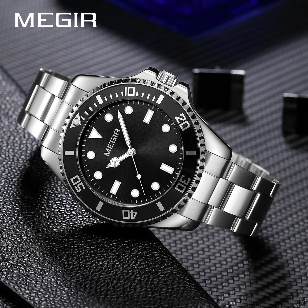 Montre Homme Luxe MEGIR Quartz Acier Calendrier – Classique Étanche Fashion