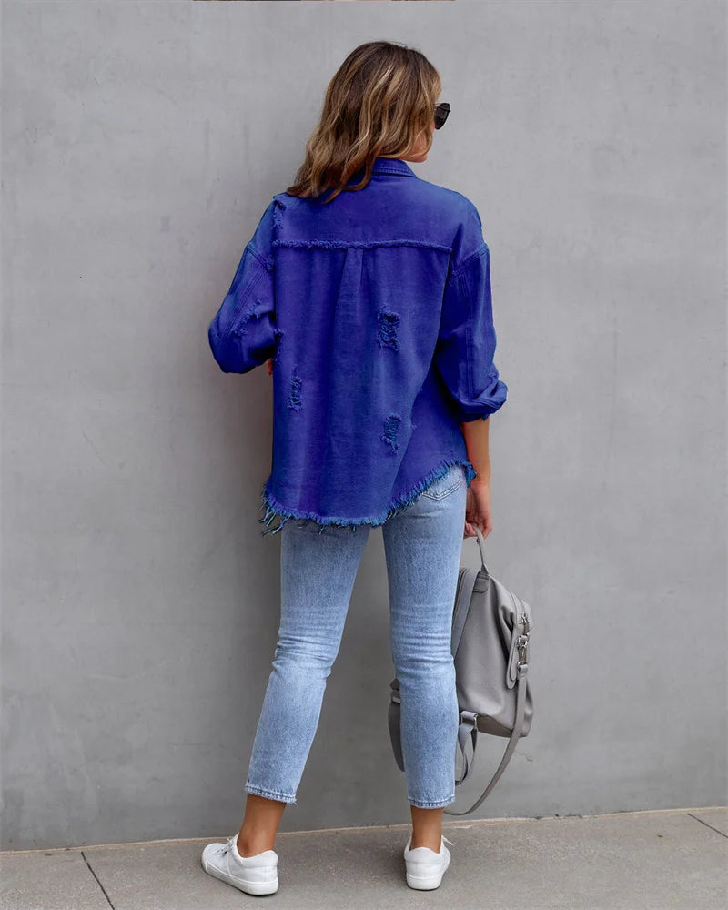 Veste en Jean Femme Bords Bruts Troués – Style Chemise Casual | Printemps Automne Tendance 2025