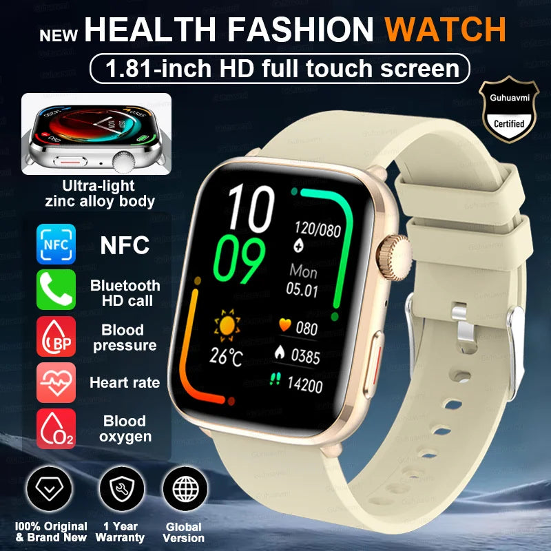 Smartwatch 2025 Unisex Gesundheit NFC Bluetooth – Blutdruck Sauerstoff Sport Anrufe | Herren & Damen