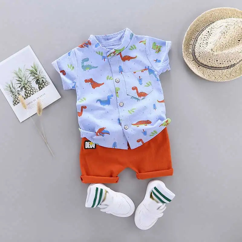 Ensemble 2 Pièces Bébé Imprimé Dinosaure Cartoon – Chemise Col Montant Manches Courtes Garçon
