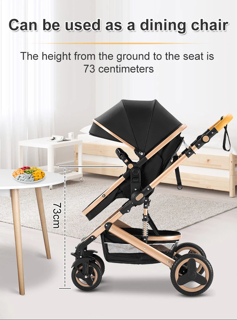 Poussette Bébé 3 en 1 Luxe Pliable Noire – Cadre Aluminium, Haute Vue, Nacelle & Siège | Voyage Nouveau-Né & Nourrisson