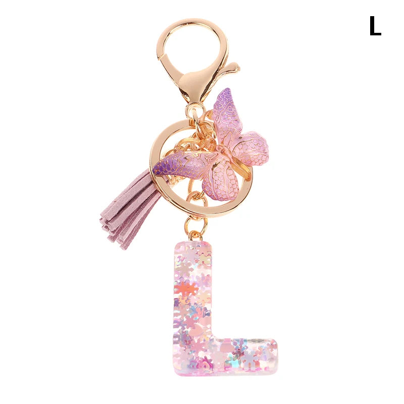Porte-Clés Lettre Initiale Sequins Femme – Pendentif Papillon Pompon Sac Voiture Bijou