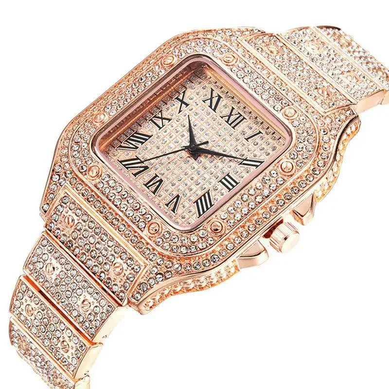 Unisex-Luxus-Diamant-Strassuhr mit goldenem Armband – Fashion Glamour Herren & Damen 2024