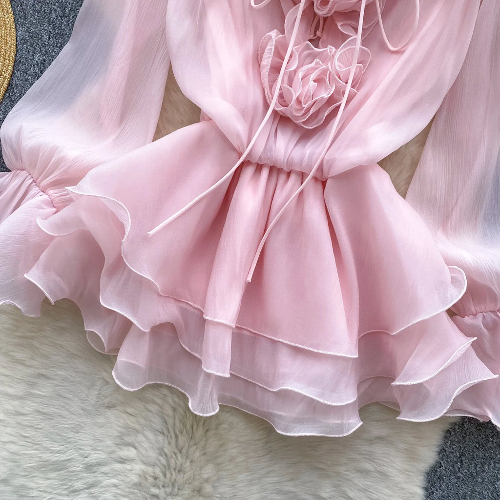 Robe Courte Femme Fleurs 3D Manches Longues Laçage Volants Mousseline – Vintage Bohème Sexy | Plage Été