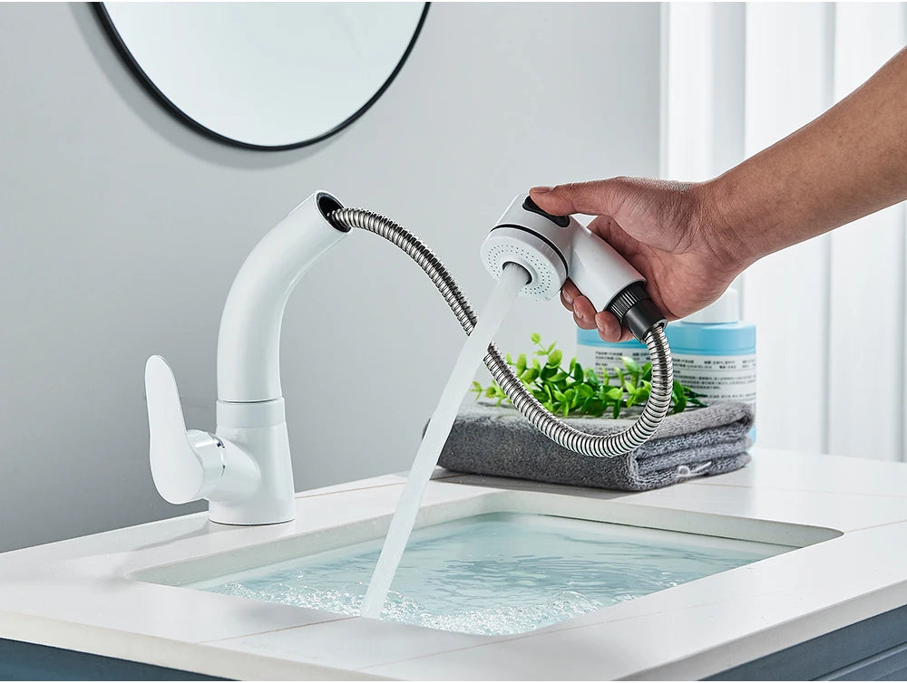 POIQIHY Robinet Lavabo Extractible Noir – Mitigeur Chaud Froid, Rotation 360°, Bec Relevable | Chrome & Noir Salle de Bain