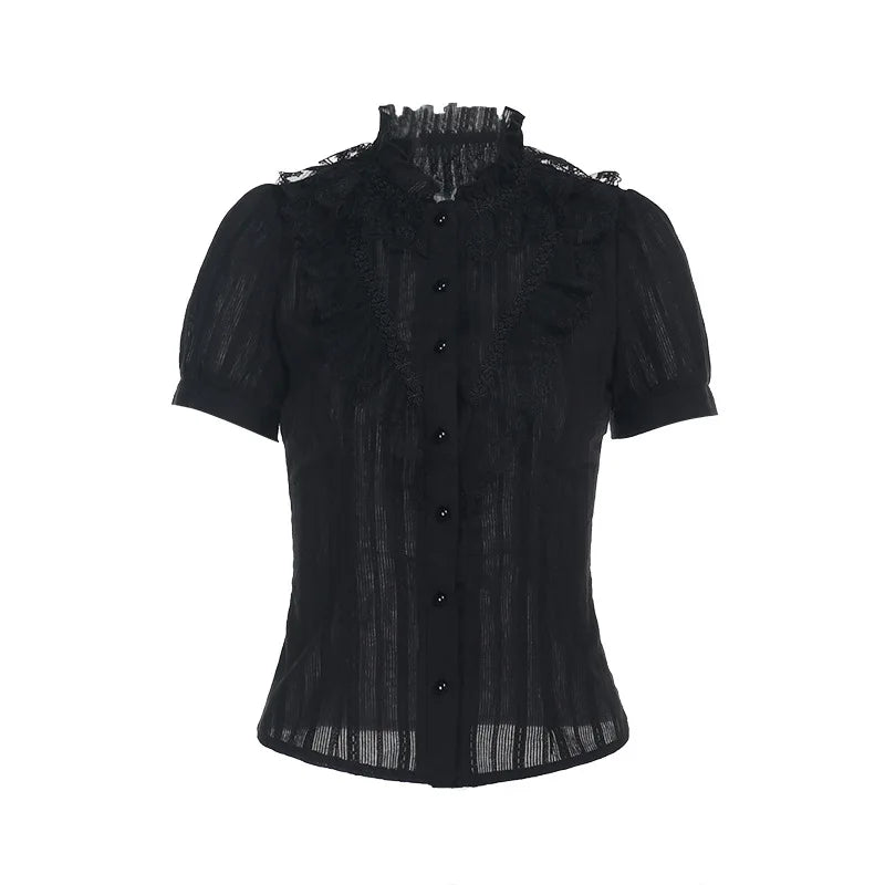 Sweet Lolita Cotton Shirts Women Vintage Gothic Black White Jacquard Short Sleeve Blouses Elegant Office Lady Y2k Tops