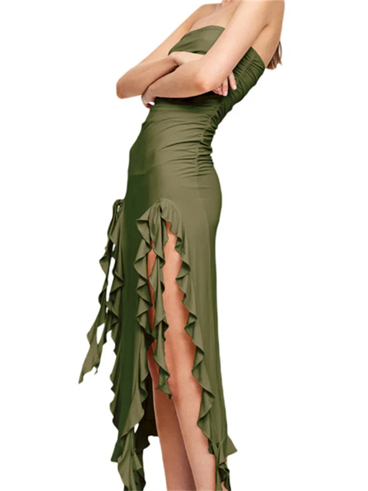 Robe Midi Femme Sans Bretelles Épaules Dénudées Volants Fente Sexy Slim – Plage & Soirée | Été