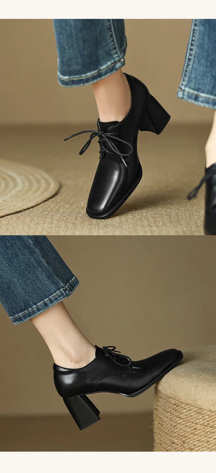 Loafers Bout Carré Chunky Heel Cuir Femme – Lacets Retro Noir Plus Size Printemps Automne