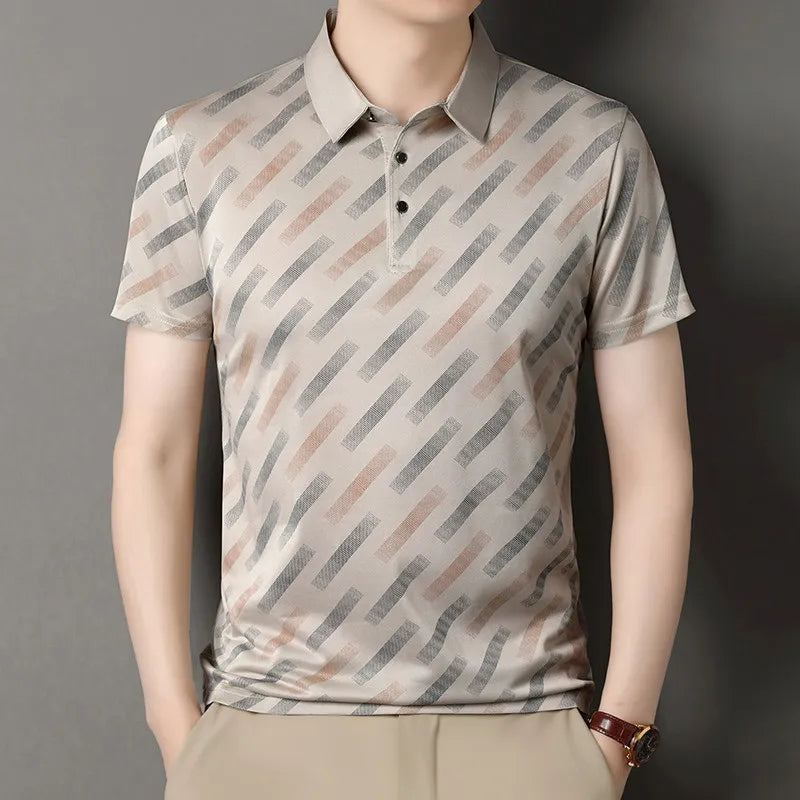 Polo für Herren, modisch, kurze Ärmel, Reverskragen, diagonale Streifen, bedruckt, lässig, Business, Golf, trendig, elegant – Premium Polo gestreift | Herrenmode Business Premium