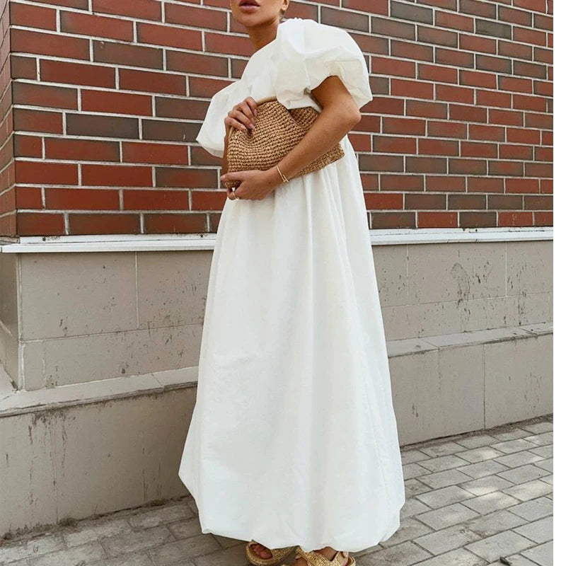 Robe Maxi Femme Boho Blanche Manches Bouffantes Taille Haute Ample Coton – Longue Été Bohème