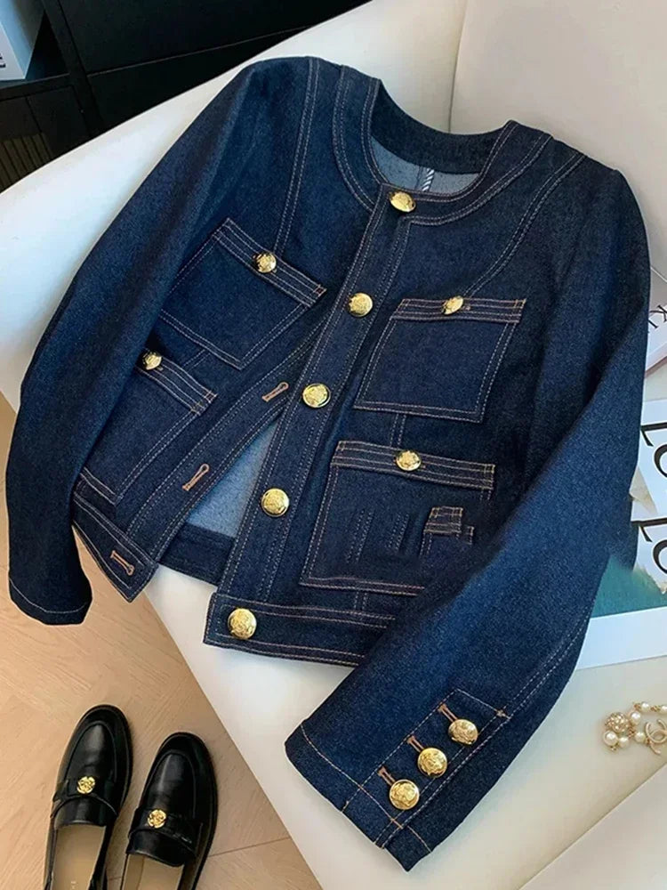 Veste Courte Femme Denim Bleu Col Rond Poches Style Coréen Ample – Mode Chic & Classique | Automne