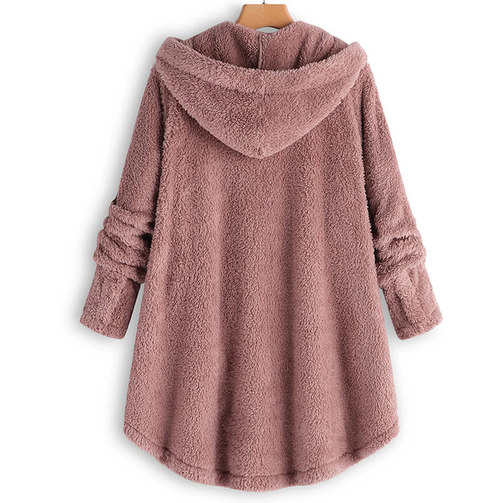 Damen Teddyfell-Mantel mit Kapuze – Warme Fleece-Jacke Unifarben | Herbst Winter Trend