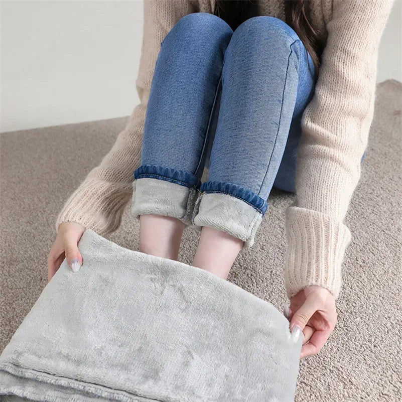 Jean Femme Thermique Skinny Taille Haute Chaud Polaire Stretch Denim – Pantalon Crayon Hiver Neige Confortable | Mode